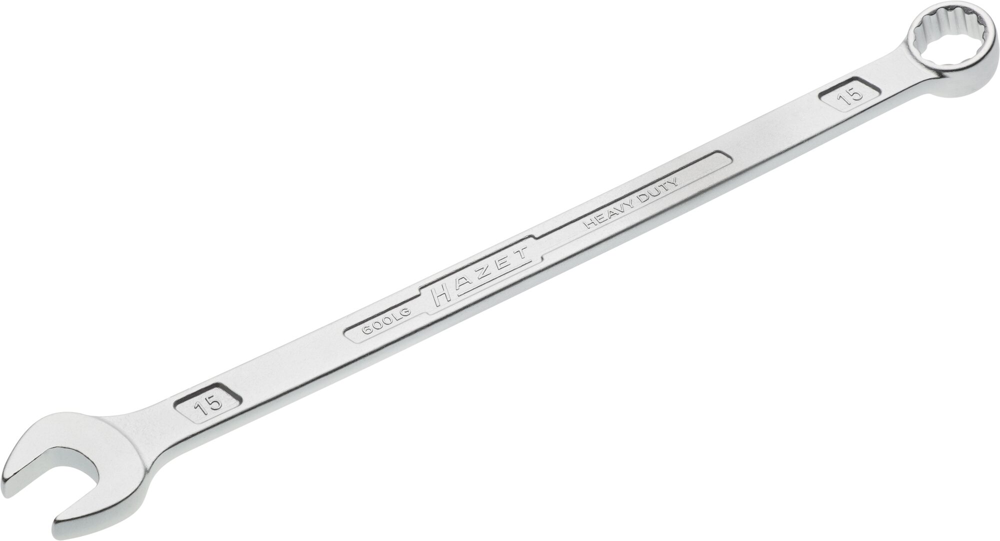 HAZET Ring-Maulschlüssel · extra lang · schlanke Bauform 600LG-15 · Außen Doppel-Sechskant-Tractionsprofil · 15 mm