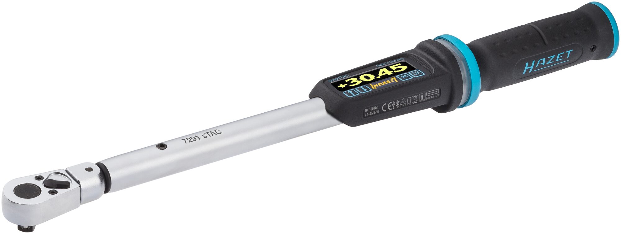 HAZET Elektronischer Drehmoment- / Drehwinkelschlüssel 7291-2STAC · Drehmomentbereich min-max: 10–100 Nm · lbf min-max: 7.5–75 lbf.ft  · Genauigkeit: 1% · 9 x 12 mm Einsteck-Vierkant, 3/8 Zoll (10 mm) Vierkant massiv · 383 mm
