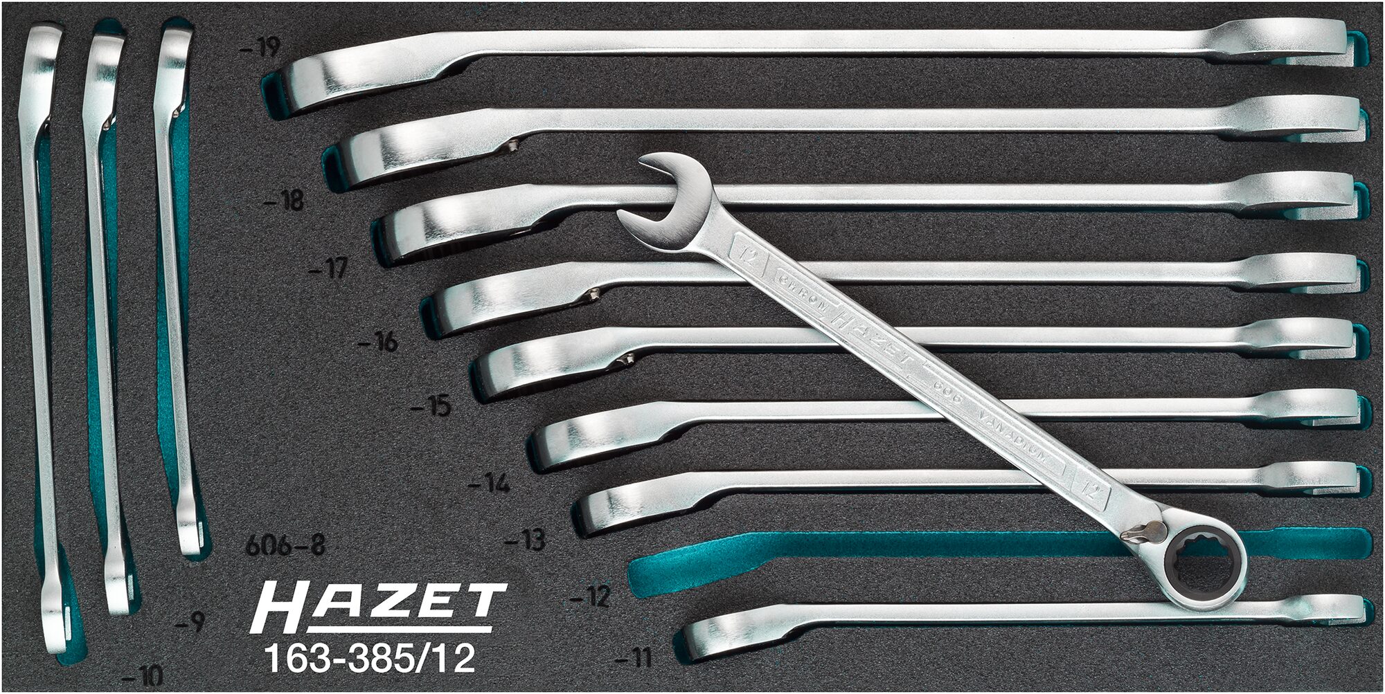 HAZET Knarren Ring-Maulschlüssel Satz 163-385/12 · Außen Doppel-Sechskant-Tractionsprofil · 8 · 9 · 10 · 11 · 12 · 13 · 14 · 15 · 16 · 17 · 18 · 19 · Anzahl Werkzeuge: 12