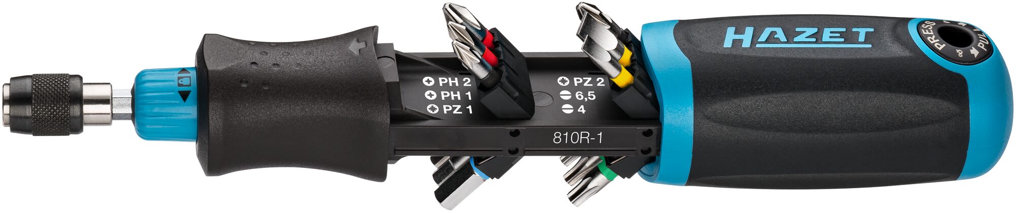 HAZET Bit Ratschen-Schraubendreher 810R-3 · Schlitz Profil, Kreuzschlitz Profil PH, Pozidriv Profil PZ, Innen TORX® Profil, Innen Sechskant Profil, 1/4 Zoll (6,3 mm) Sechskant hohl · 0,5x4 · 1,2x6,5 · PH1 · PH2 · PZ1 · PZ2 · 4 · 5 · 6 · T15 · T20 · T25 HAZET Bit Ratschen-Schraubendreher 810R-3 · Schlitz Profil, Kreuzschlitz Profil PH, Pozidriv Profil PZ, Innen TORX® Profil, Innen Sechskant Profil, 1/4 Zoll (6,3 mm) Sechskant hohl · 0,5x4 · 1,2x6,5 · PH1 · PH2 · PZ1 · PZ2 · 4 · 5 · 6 · T15 · T20 · T25