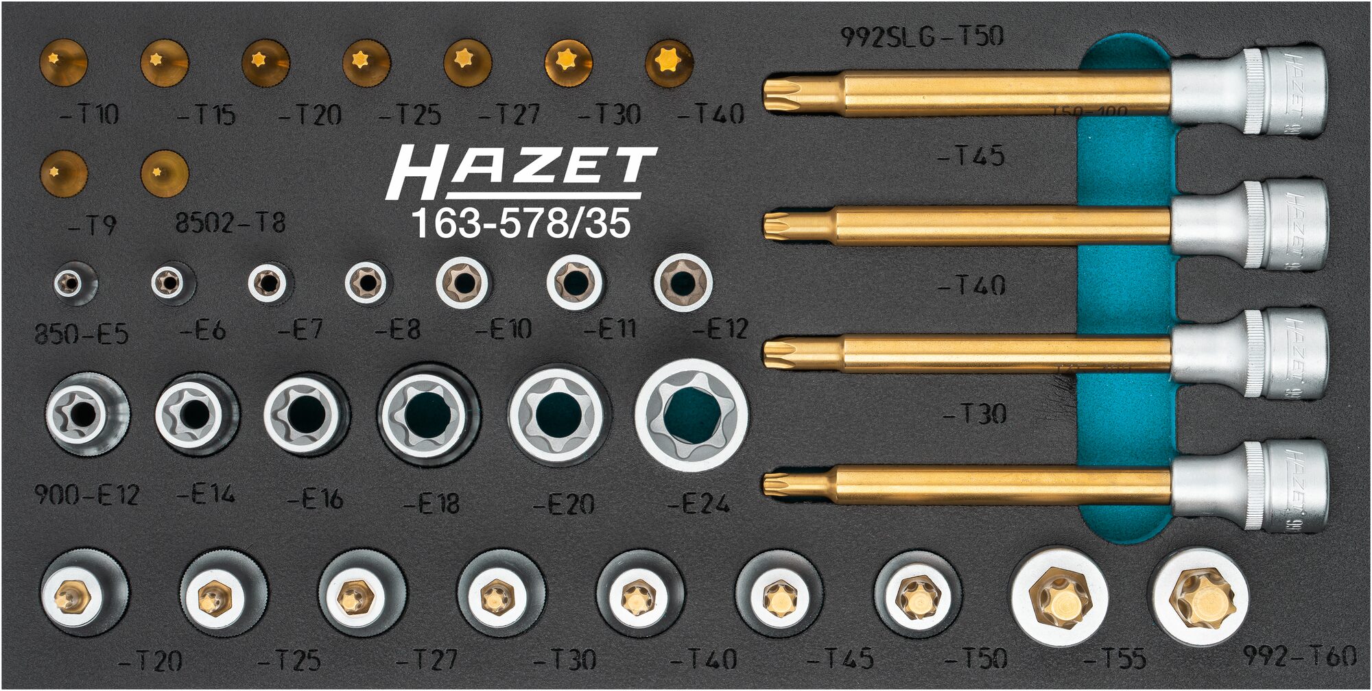 HAZET Schraubendreher-Steckschlüsseleinsatz Satz · TORX® 163-587/35 · Vierkant hohl 6,3 mm (1/4 Zoll), Vierkant hohl 12,5 mm (1/2 Zoll) · Außen TORX® Profil, Innen TORX® Profil · E6?–?E24 · T8?–?T50 · Anzahl Werkzeuge: 35