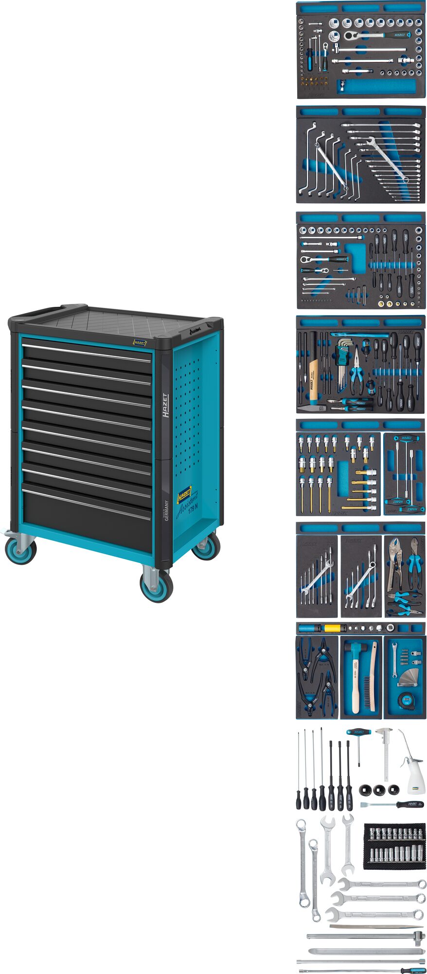 HAZET Werkstattwagen Assistent 179N-8-2700/296 · Schubladen, flach: 7?x 81?x?522?x?398 mm · Schubladen, hoch: 1?x 166?x?522?x?398 mm · Anzahl Werkzeuge: 296