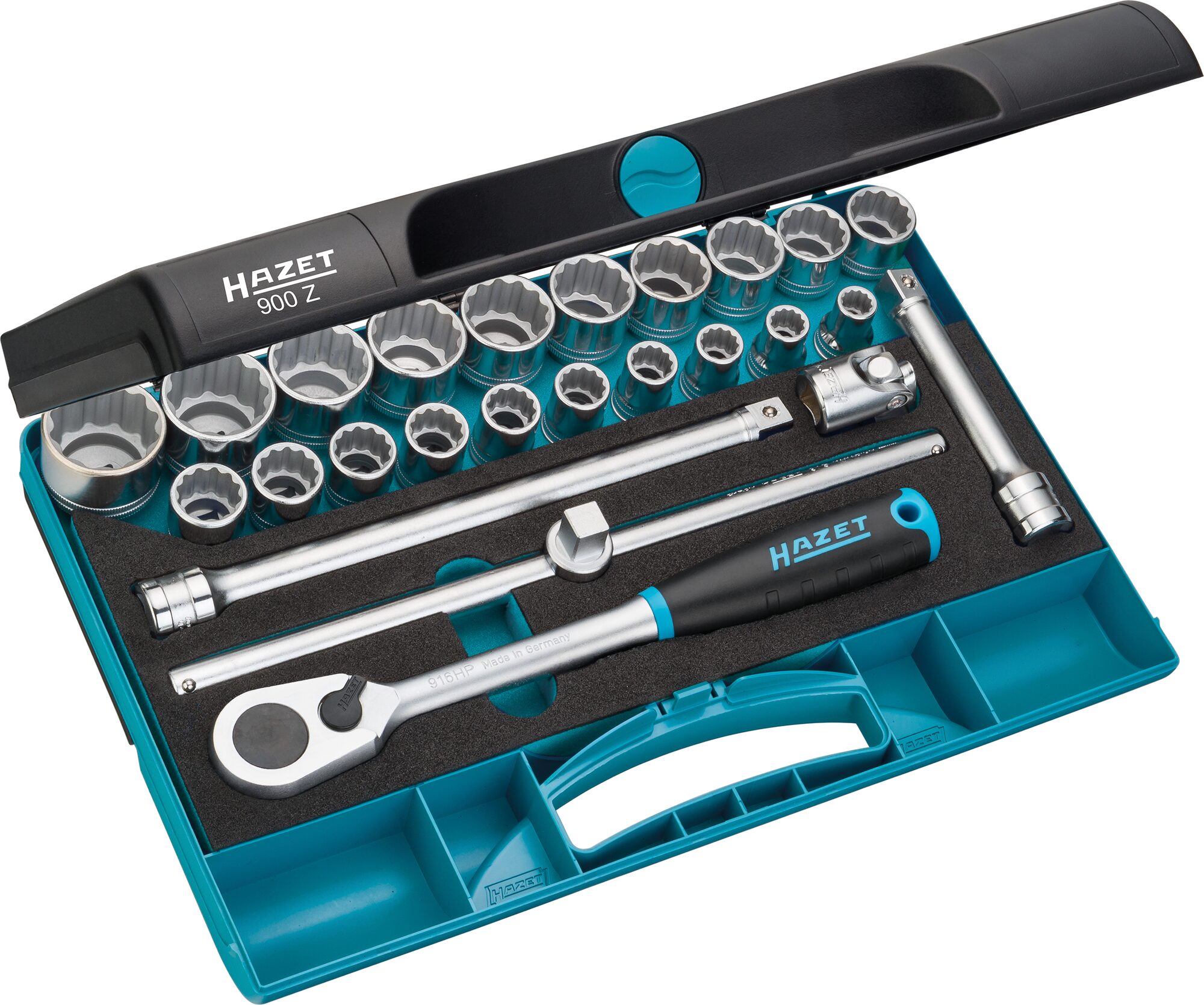 HAZET Steckschlüssel Satz 900Z · 1/2 Zoll (12,5 mm) Vierkant hohl · Außen Doppelsechskant-Tractionsprofil · 10–32