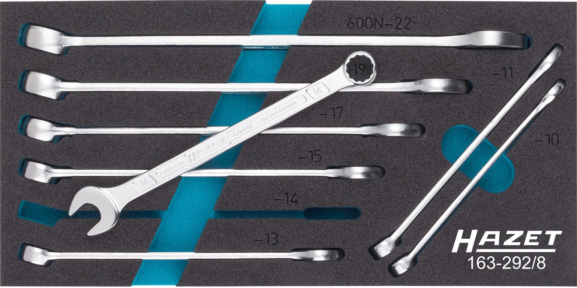 HAZET Ring-Maulschlüssel Satz 163-292/8 · Außen Doppel-Sechskant-Tractionsprofil · 10 · 11 · 13 · 14 · 15 · 17 · 19 · 22 · Anzahl Werkzeuge: 8
