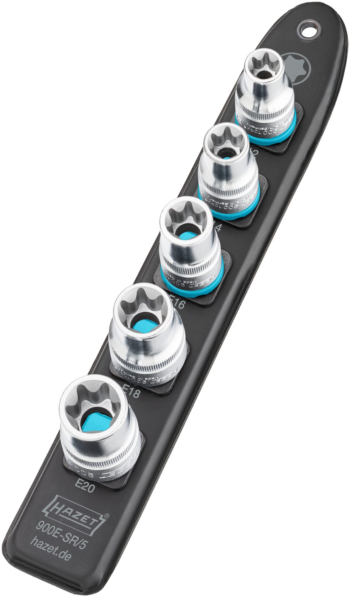 HAZET SmartRail · Flexible Kunststoff-Steckleiste 900E-SR/5 · Vierkant hohl 12,5 mm (1/2 Zoll) · Außen TORX® Profil · E12 · E14 · E16 · E18 · E20 · Anzahl Werkzeuge: 5