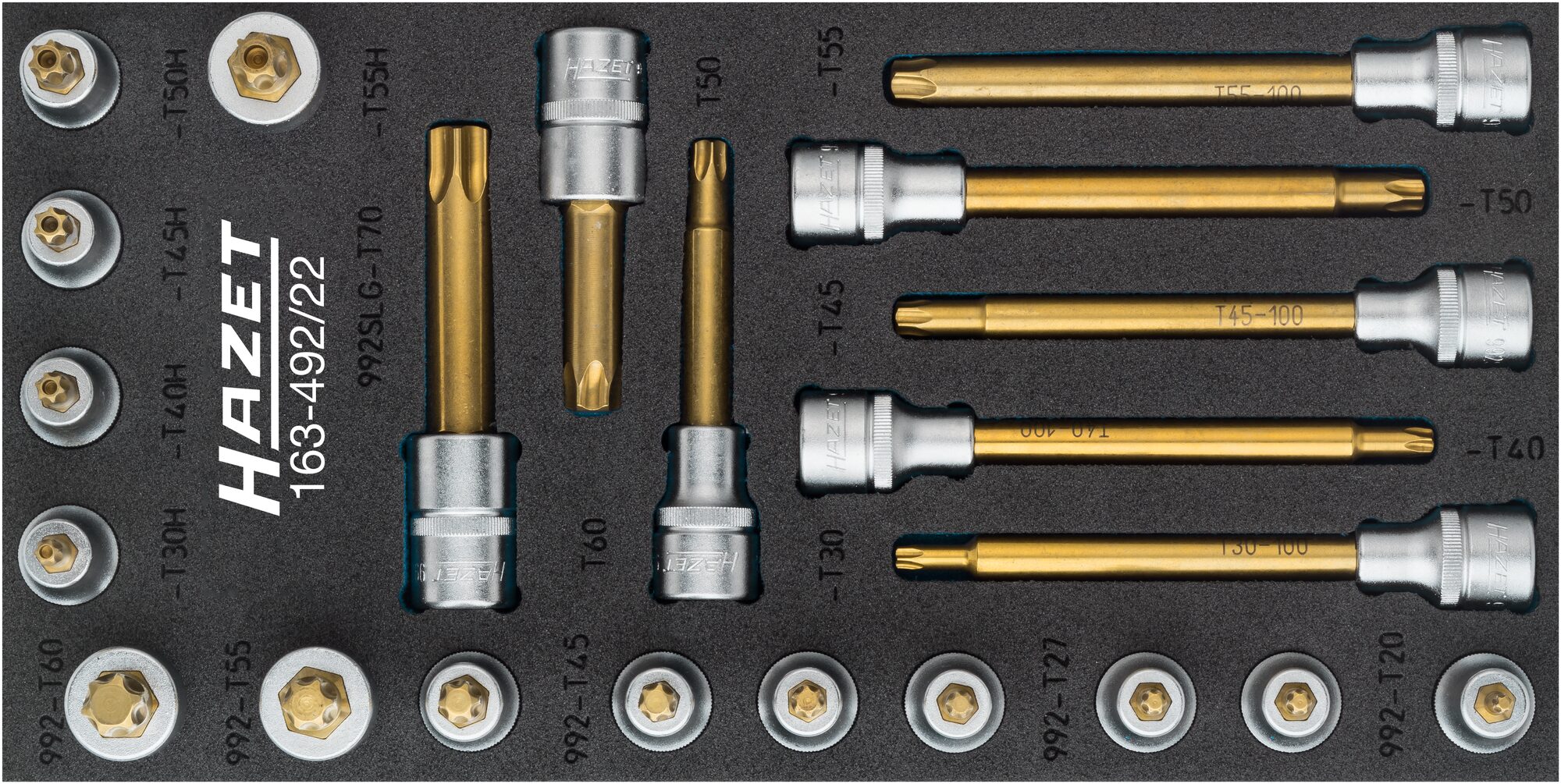 HAZET Schraubendreher-Steckschlüsseleinsatz Satz · TORX® 163-492/22 · Vierkant hohl 12,5 mm (1/2 Zoll) · Innen TORX® Profil, Tamper Resistant TORX® Profil · T20?–?T70 · Anzahl Werkzeuge: 22