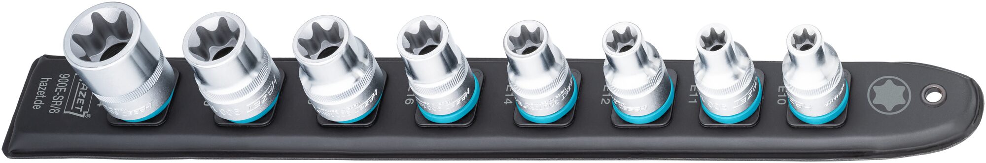 HAZET SmartRail · Flexible Kunststoff-Steckleiste 900E-SR/8 · Vierkant hohl 12,5 mm (1/2 Zoll) · Außen TORX® Profil · E10 · E11 · E12 · E14 · E16 · E18 · E20 · E24 · Anzahl Werkzeuge: 8