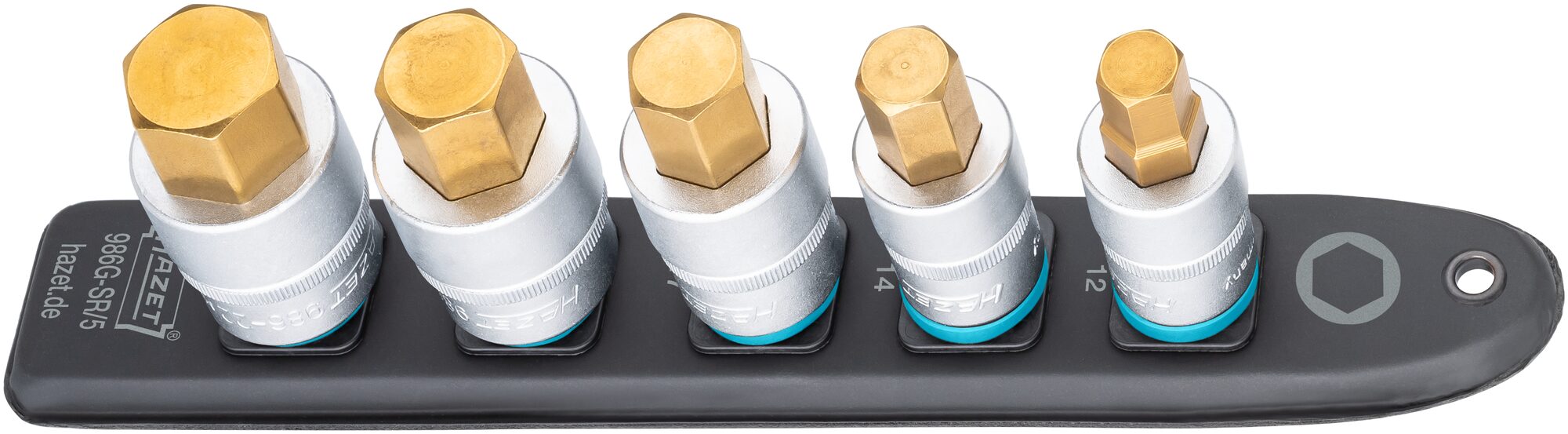 HAZET SmartRail · Flexible Kunststoff-Steckleiste 986G-SR/5 · Vierkant hohl 12,5 mm (1/2 Zoll) · Innen Sechskant Profil · 12 · 14 · 17 · 19 · 22 · Anzahl Werkzeuge: 5