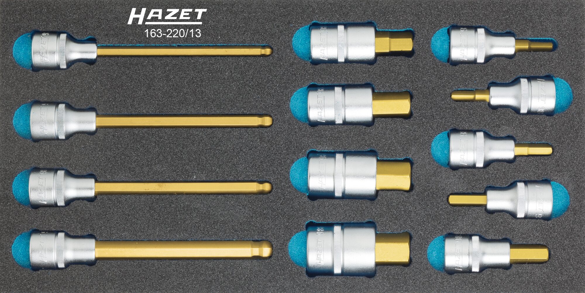 HAZET Schraubendreher-Steckschlüsseleinsatz Satz 163-220/13 · Vierkant hohl 12,5 mm (1/2 Zoll) · Innen Sechskant Profil · 5 · 6 · 7 · 8 · 10 · 12 · 14 · 17 · 19 · 6 · 7 · 8 · 10 · Anzahl Werkzeuge: 13 HAZET Schraubendreher-Steckschlüsseleinsatz Satz 163-220/13 · Vierkant hohl 12,5 mm (1/2 Zoll) · Innen Sechskant Profil · 5 · 6 · 7 · 8 · 10 · 12 · 14 · 17 · 19 · 6 · 7 · 8 · 10 · Anzahl Werkzeuge: 13