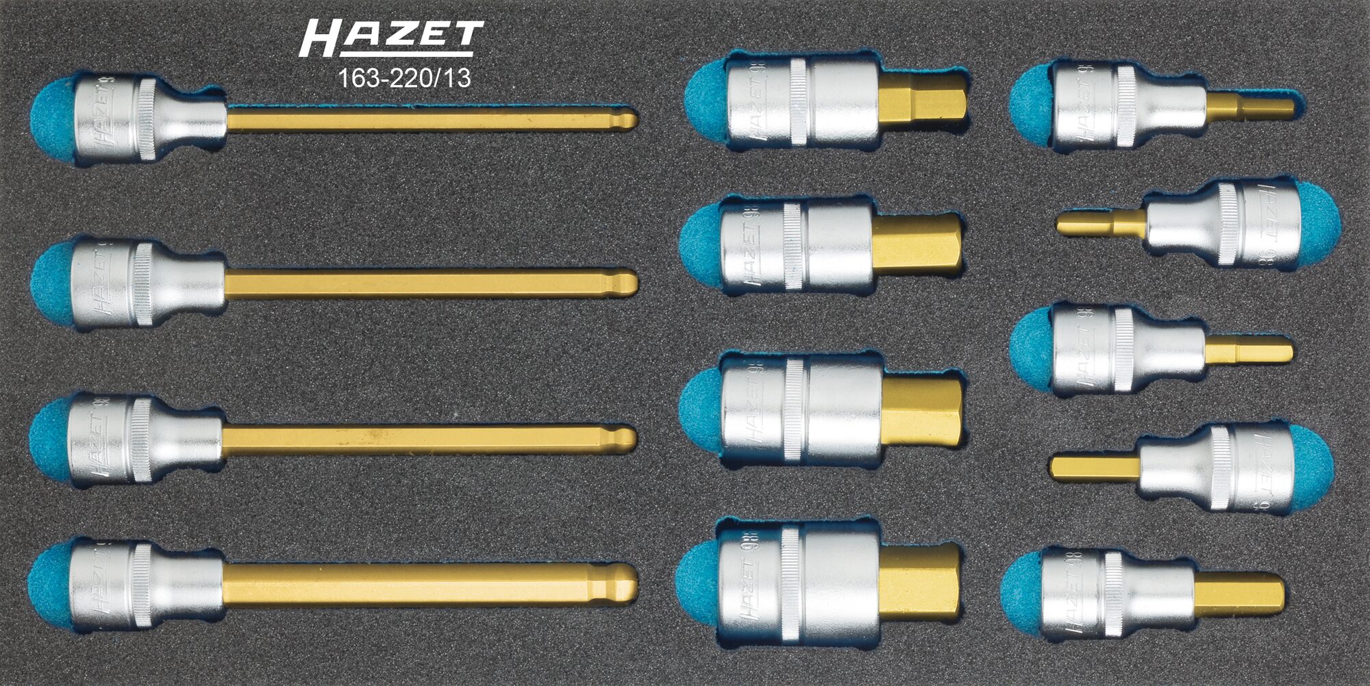 HAZET Schraubendreher-Steckschlüsseleinsatz Satz 163-220/13 · Vierkant hohl 12,5 mm (1/2 Zoll) · Innen Sechskant Profil · 5 · 6 · 7 · 8 · 10 · 12 · 14 · 17 · 19 · 6 · 7 · 8 · 10 · Anzahl Werkzeuge: 13