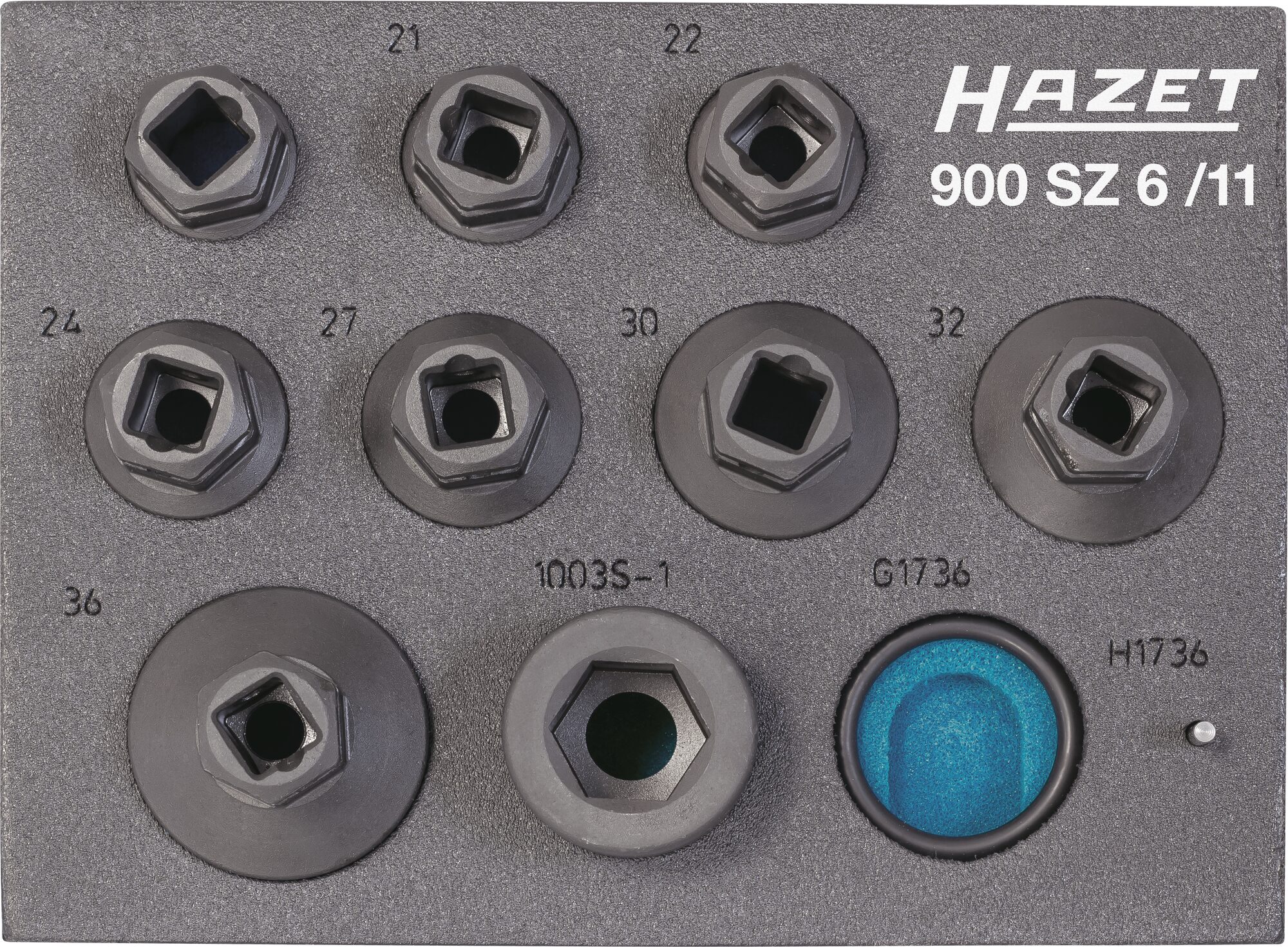 HAZET Schlag-, Maschinenschrauber Steckschlüsseleinsatz · Doppelsechskant 900SZ6/11 · Vierkant hohl 12,5 mm (1/2 Zoll), Außen-Sechskant 24 mm · Außen Doppel-Sechskant-Tractionsprofil · 19 · 21 · 22 · 24 · 27 · 30 · 32 · 36 · Anzahl Werkzeuge: 11